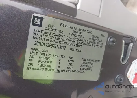 2007 Chevrolet Equinox Lt z USA, uszkodzony, nr VIN 2CNDL73F976113377